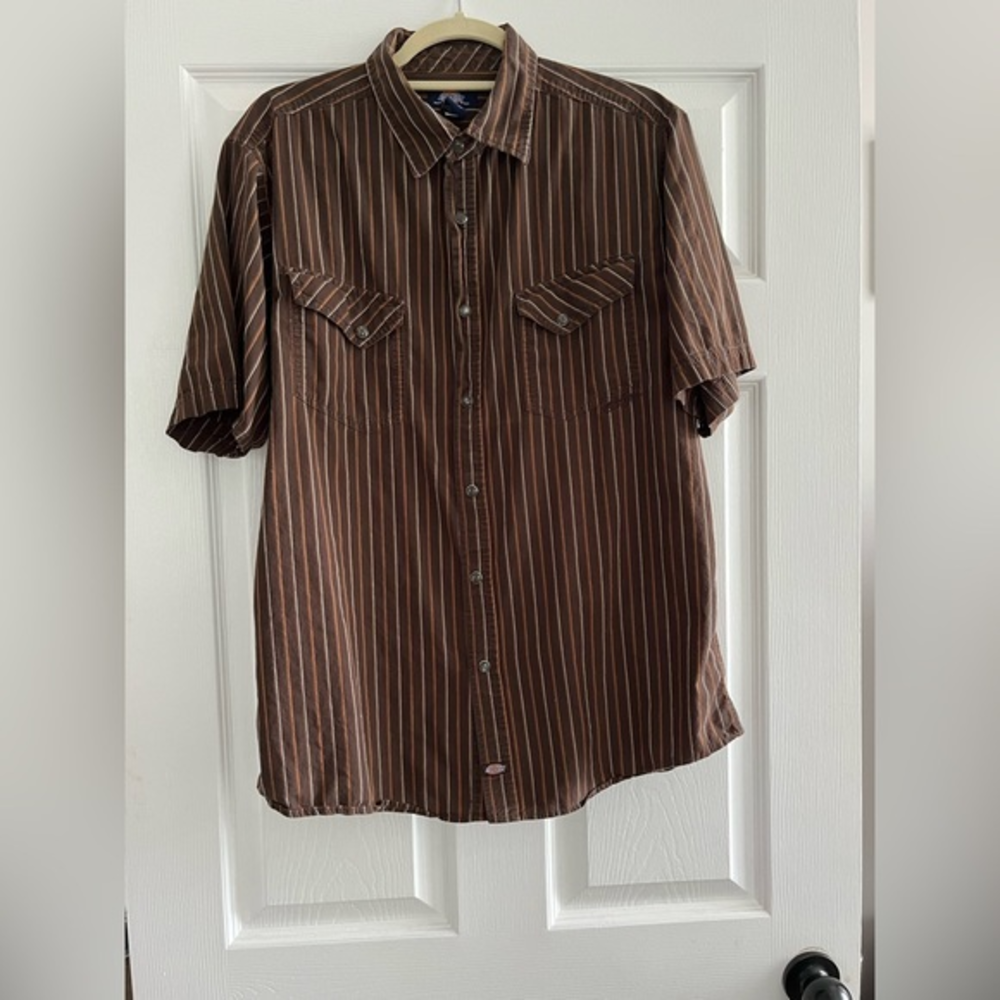 Dickies Vintage Brown Stripe Western Snap Button Short‎ Sleeve Shirt Size XL
